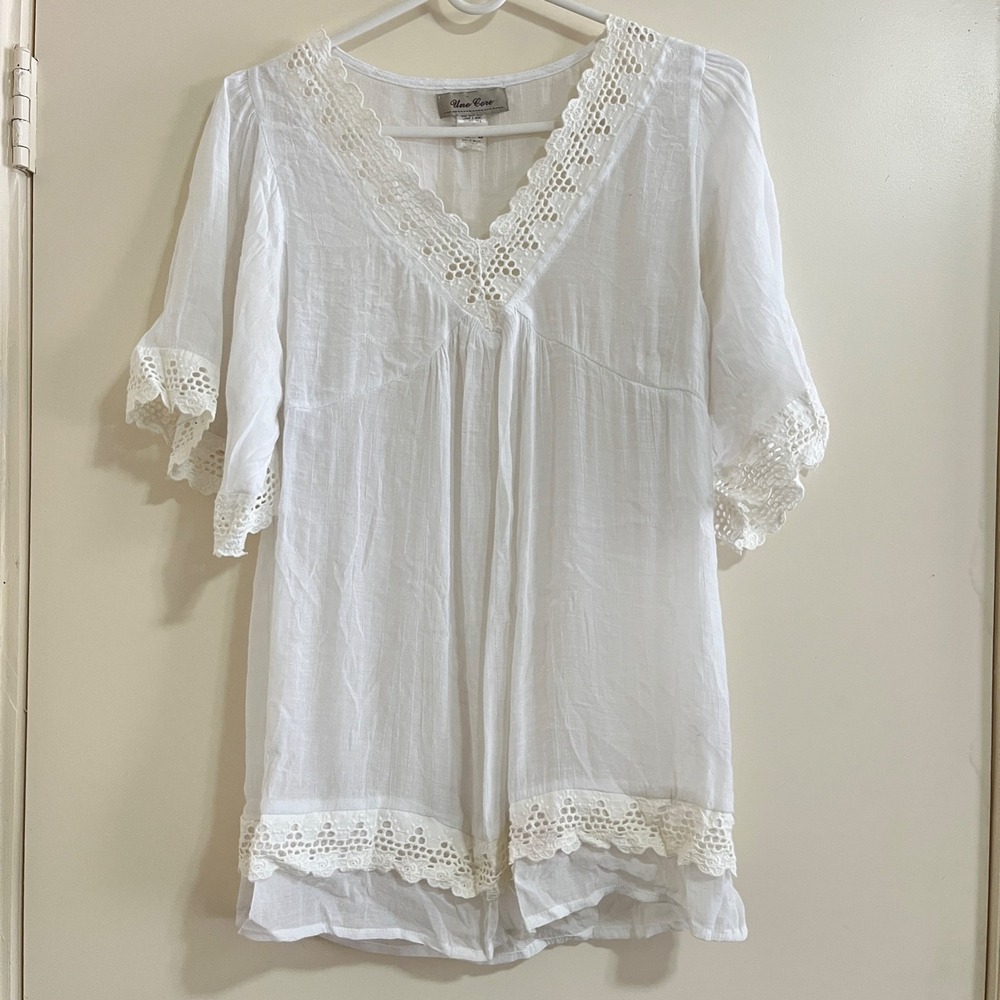 Uno Core White Crochet Lace Peasant Tunic Small Silk Blend Fairy Cottage Boho